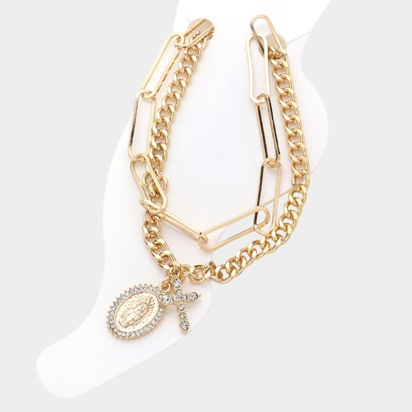 Gold Chain Virgin Mary Cross Pendant Layered Anklet Metal 2 Piece Charms - Picture 3 of 4